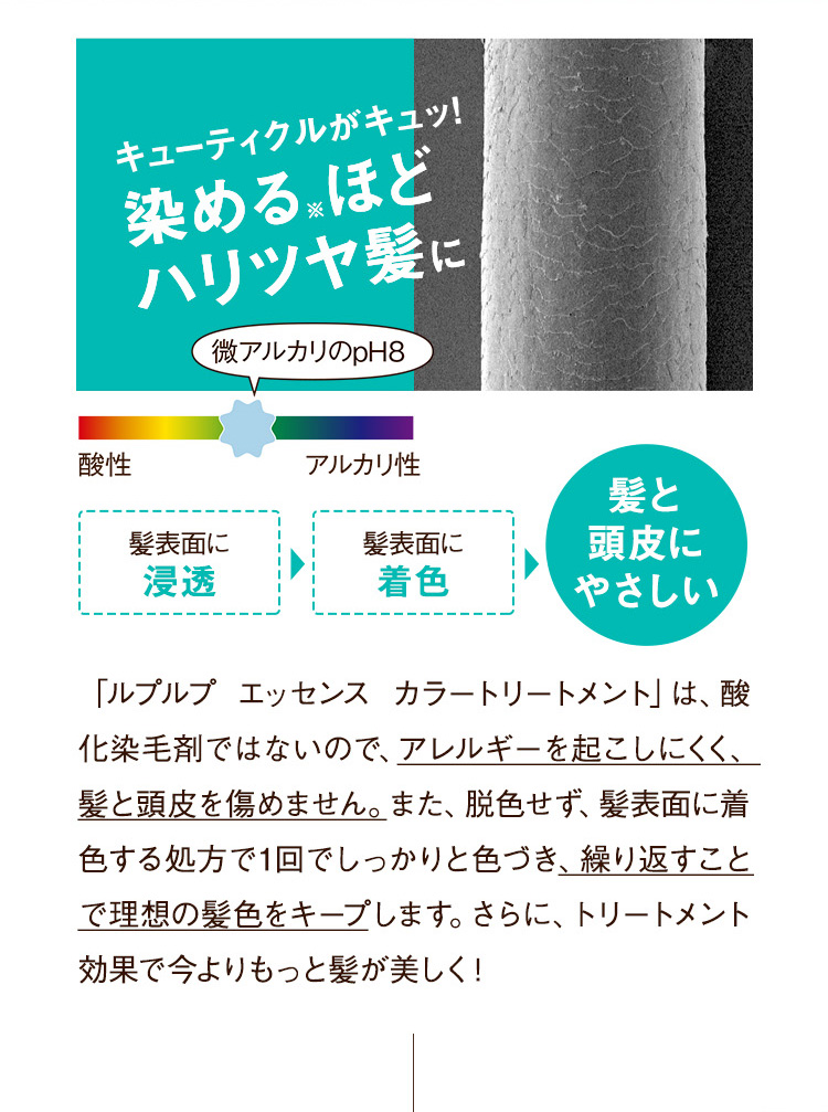 キューティクルがキュッ！染める※ほどハリツヤ髪に 微アルカリのpH8 髪表面に浸透 髪表面に着色 髪と頭皮にやさしい ※髪表面を着色
「ルプルプ エッセンス カラートリートメント」は、酸化染毛剤ではないので、アレルギーを起こしにくく、髪と頭皮を傷めません。また、脱色せず、髪表面に着色する処方で1回でしっかりと色づき、繰り返すことで理想の髪色をキープします。さらに、トリートメント効果で今よりもっと髪が美しく！