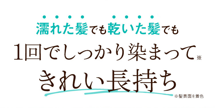 濡れた髪でも乾いた髪でも1回でしっかり染まって※ きれい長持ち ※髪表面を着色