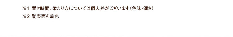 ※1 置き時間、染まり方については個人差がございます（色味・濃さ） ※2 髪表面を着色 